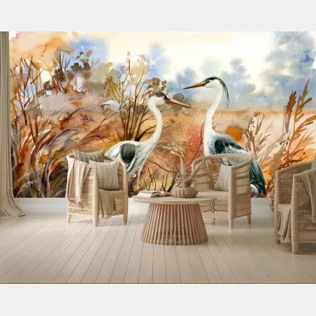 Wall mural two herons in autumn marsh • Wallissimo®
