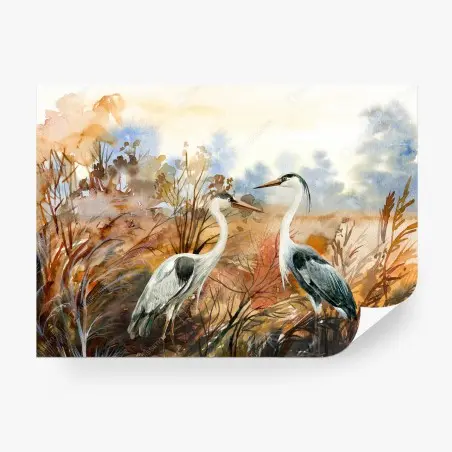 Wall mural two herons in autumn marsh • Wallissimo®