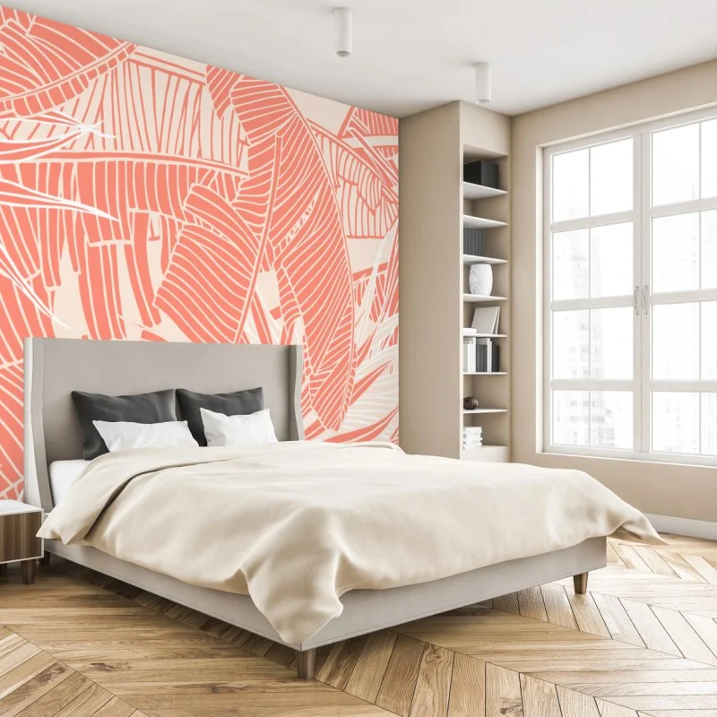 Wall mural coral tropical leaf pattern