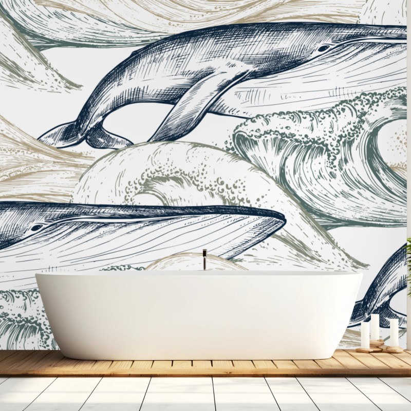 Wall mural hand-drawn whales and ocean waves pattern