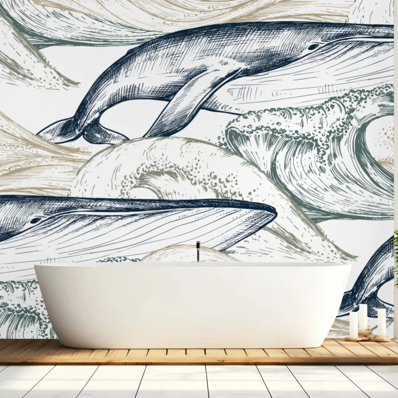Wall mural hand-drawn whales and ocean waves pattern