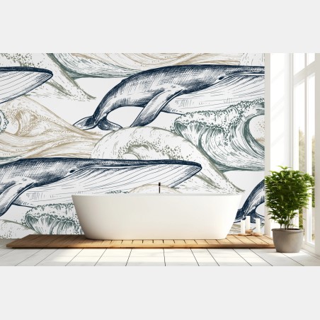 Wall mural hand-drawn whales and ocean waves pattern • Wallissimo®
