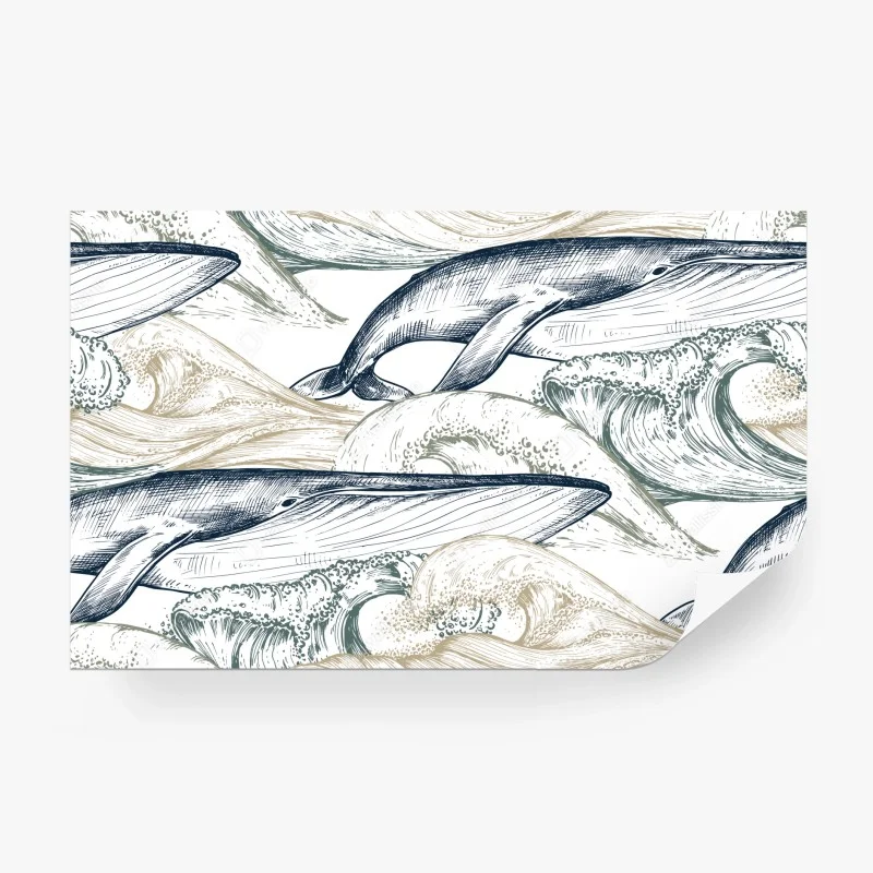 Wall mural hand-drawn whales and ocean waves pattern