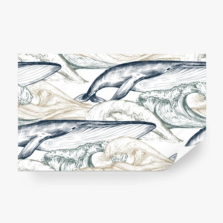 Wall mural hand-drawn whales and ocean waves pattern • Wallissimo®