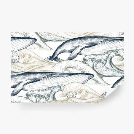 Wall mural hand-drawn whales and ocean waves pattern • Wallissimo®