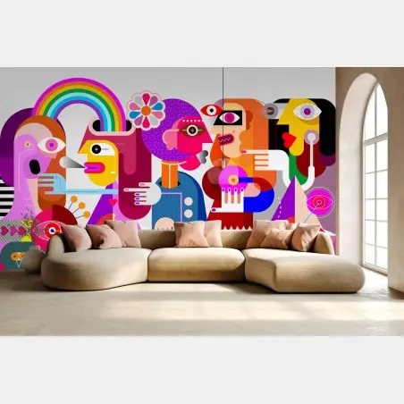 Wall mural man with rainbow riding geometric bird • Wallissimo®