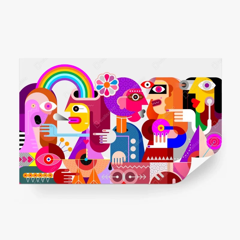 Wall mural man with rainbow riding geometric bird