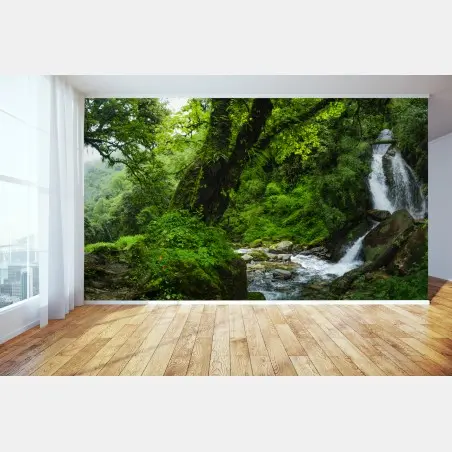 Wall mural lush green waterfall forest landscape • Wallissimo®