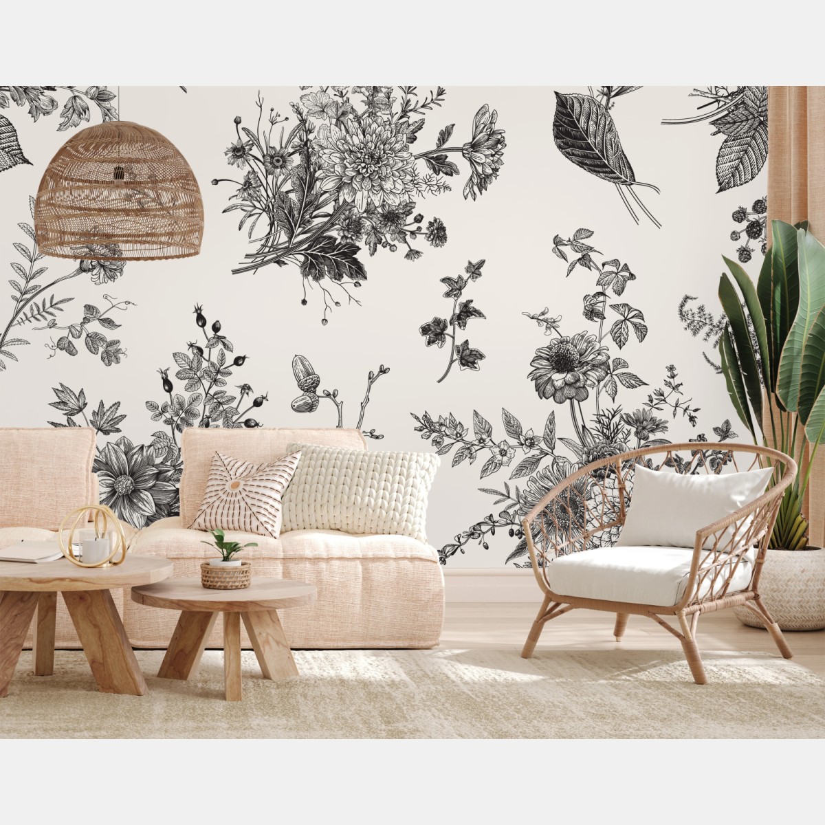 Wall mural classic black and white floral pattern • Wallissimo®