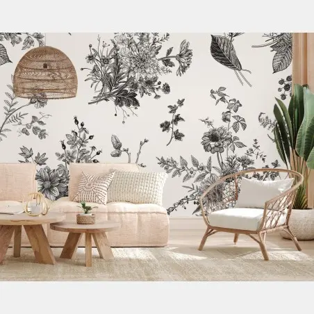 Wall mural classic black and white floral pattern • Wallissimo®