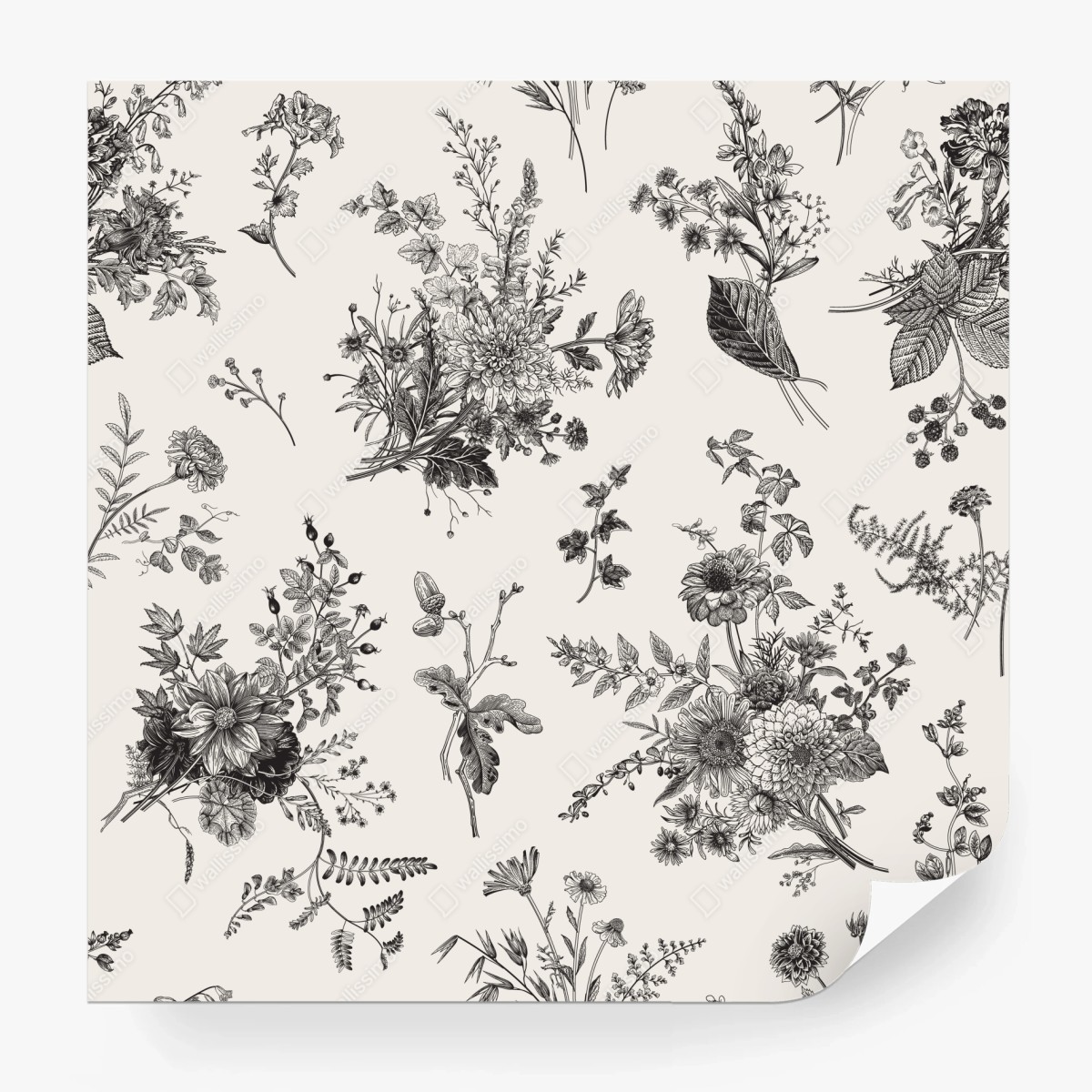 Wall mural classic black and white floral pattern • Wallissimo®