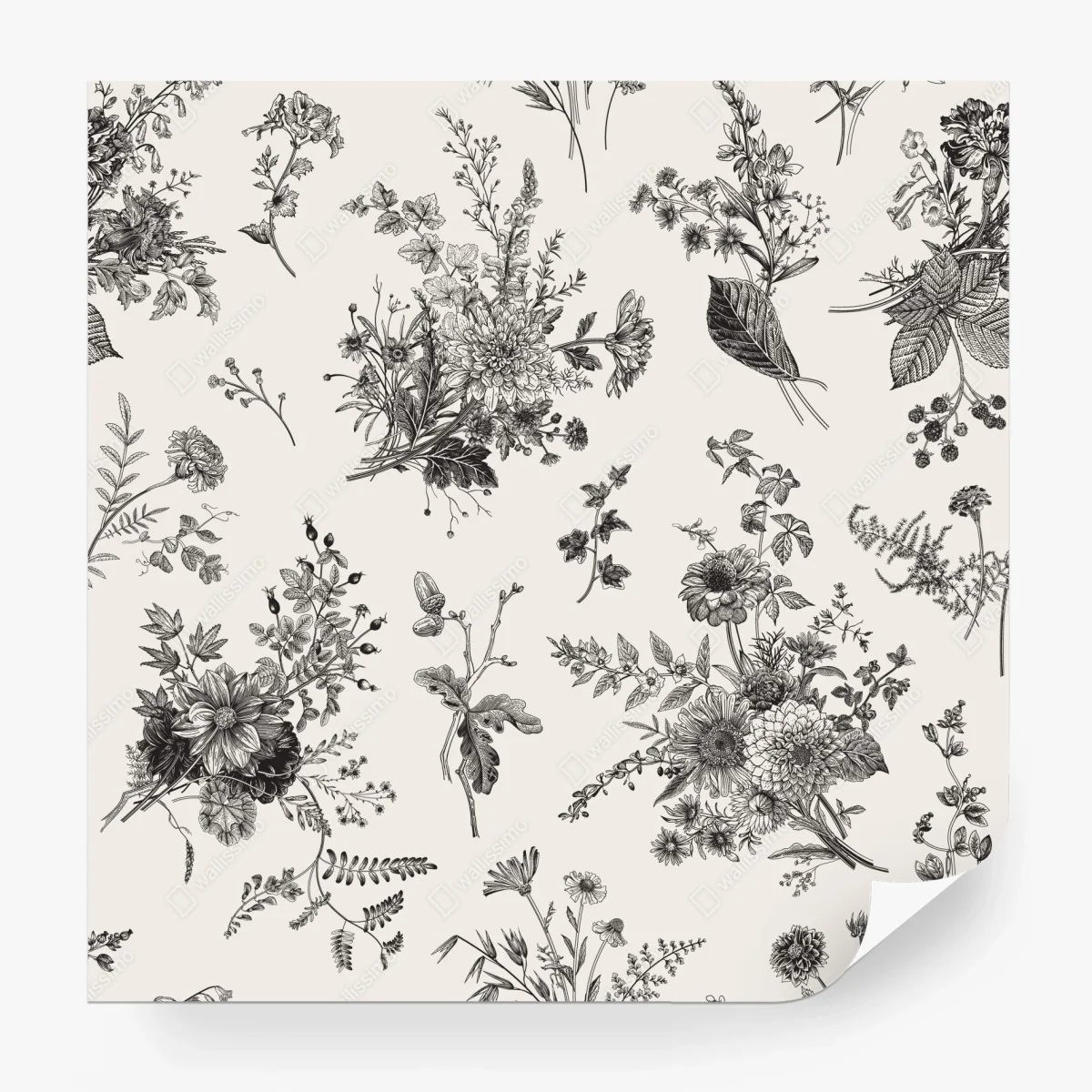 Wall mural classic black and white floral pattern • Wallissimo® Wall mural classic black and white floral pattern • Wallissimo®
