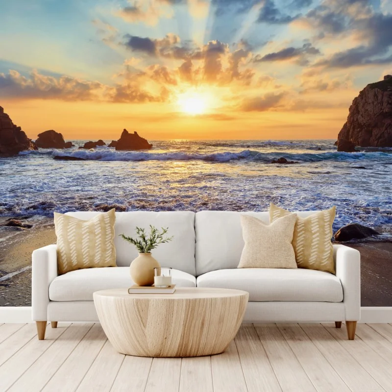 Wall mural sunset over rocky coast