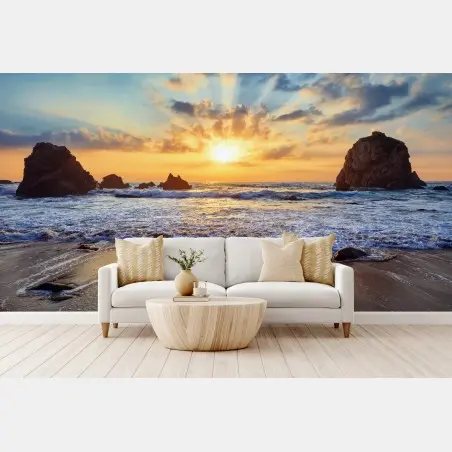 Wall mural sunset over rocky coast • Wallissimo®