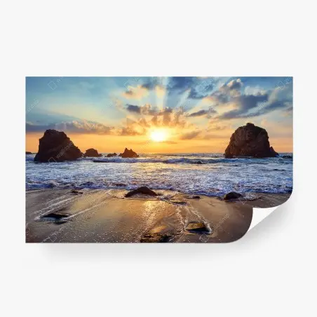 Wall mural sunset over rocky coast • Wallissimo®