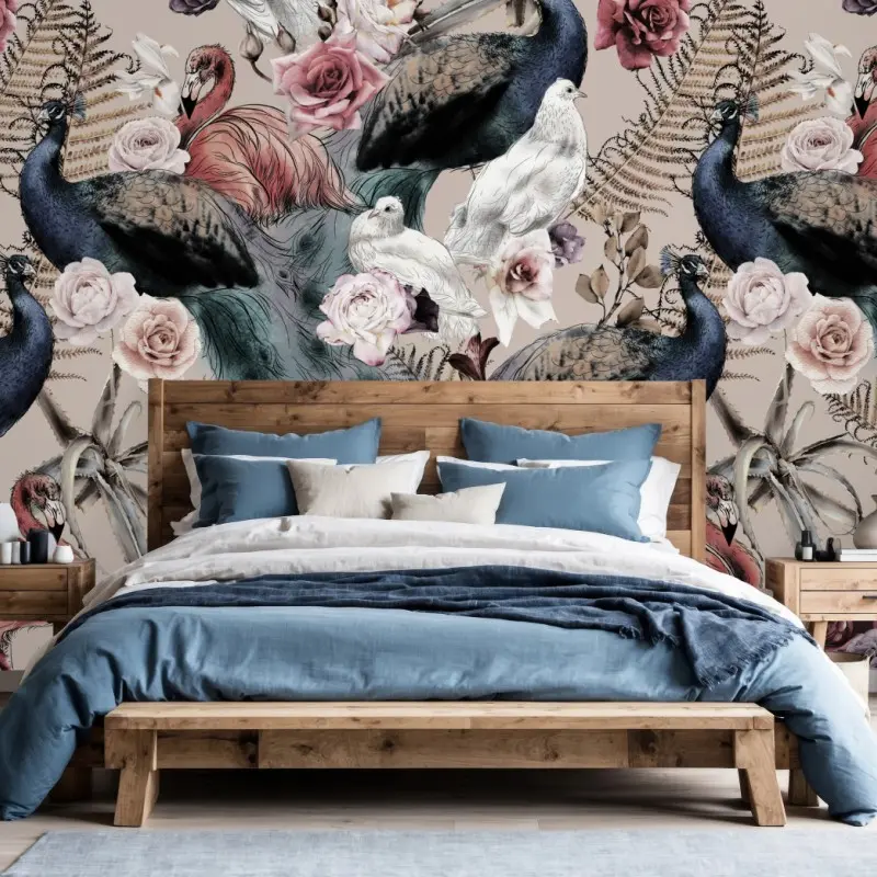 Wall mural watercolor birds and roses pattern