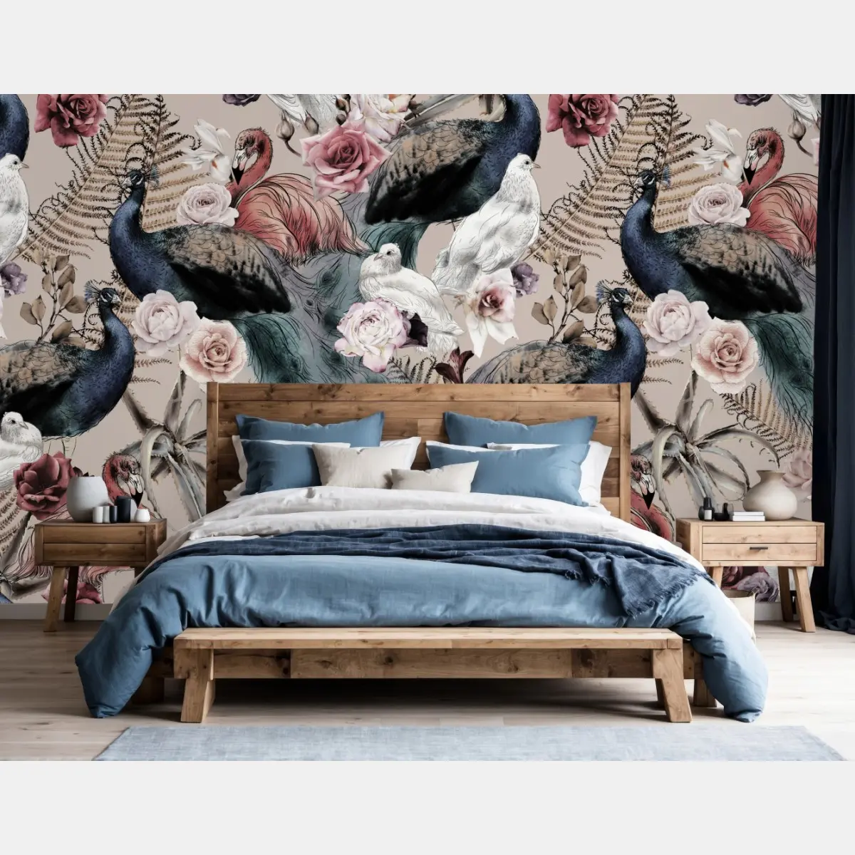 Wall mural watercolor birds and roses pattern • Wallissimo®