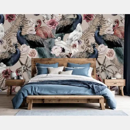Wall mural watercolor birds and roses pattern • Wallissimo®