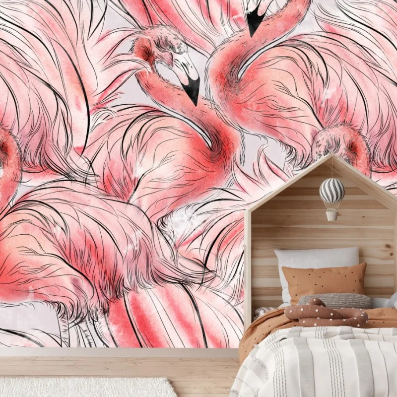 Wall mural watercolor flamingo seamless pattern
