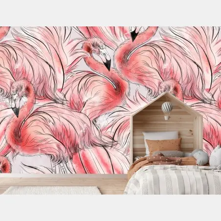Wall mural watercolor flamingo seamless pattern • Wallissimo®