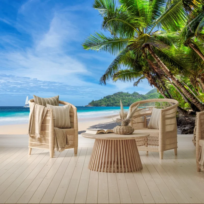 Wall mural tropical beach with palm trees and sailboat