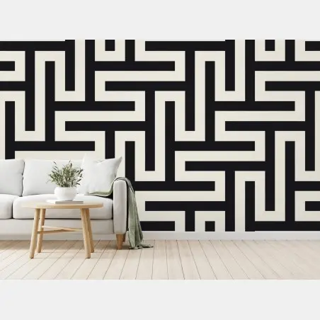 Wall mural geometric maze pattern in beige and black • Wallissimo®