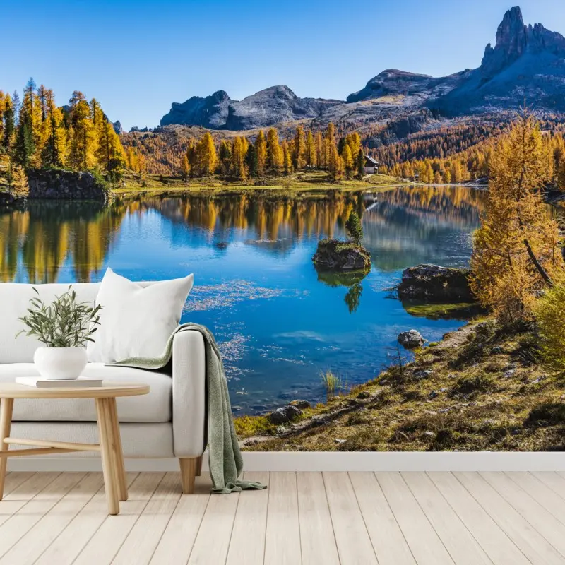 Wall mural autumn alpine lake with mountain reflections ⁕ Wallissimo® Wall mural autumn alpine lake with mountain reflections ⁕ Wallissimo®