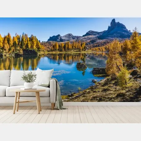 Wall mural autumn alpine lake with mountain reflections • Wallissimo®