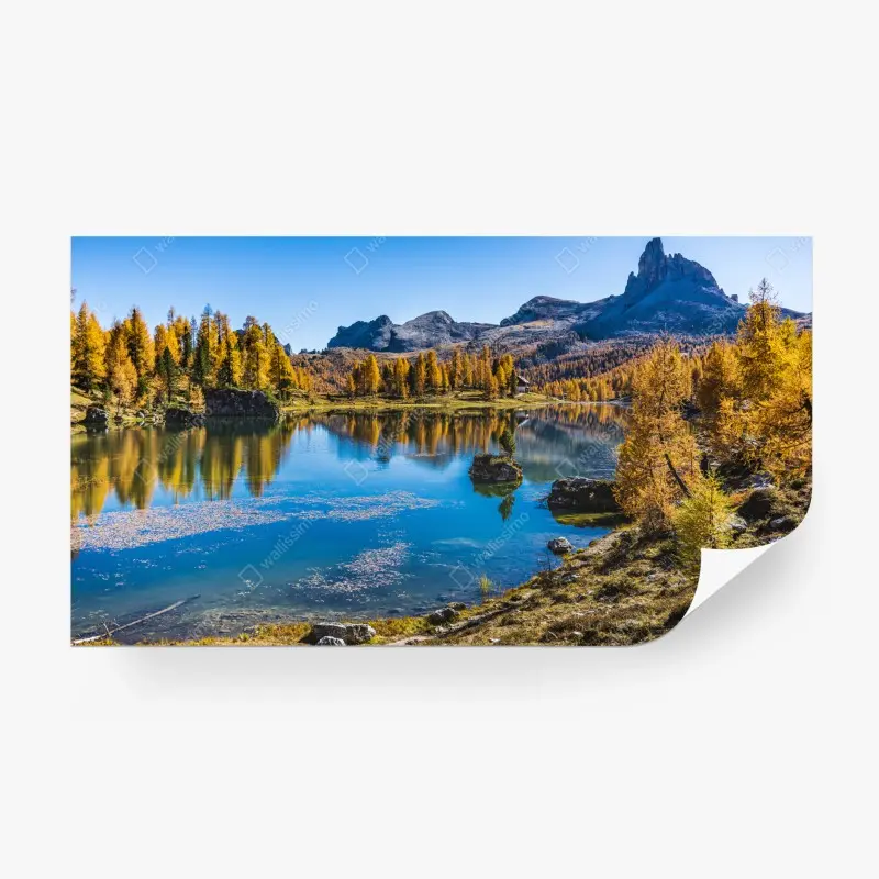 Wall mural autumn alpine lake with mountain reflections ⁕ Wallissimo® Wall mural autumn alpine lake with mountain reflections ⁕ Wallissimo®