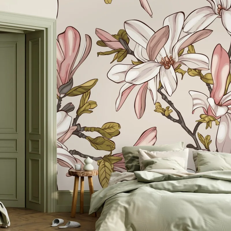 Wall mural blush magnolia botanical pattern