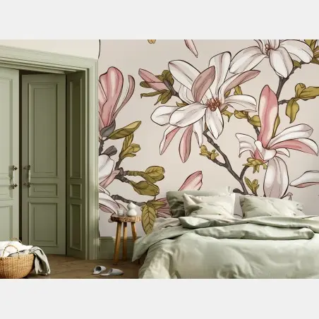 Wall mural blush magnolia botanical pattern • Wallissimo®