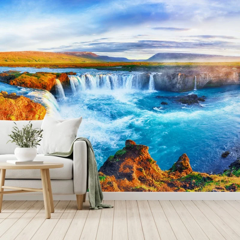 Wall mural Godafoss waterfall sunrise panorama