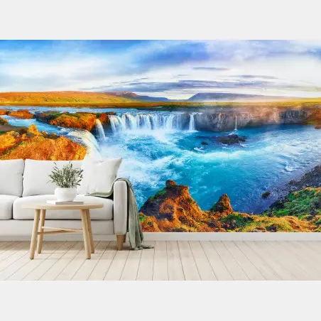 Wall mural Godafoss waterfall sunrise panorama • Wallissimo®