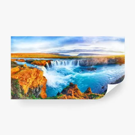 Wall mural Godafoss waterfall sunrise panorama • Wallissimo®
