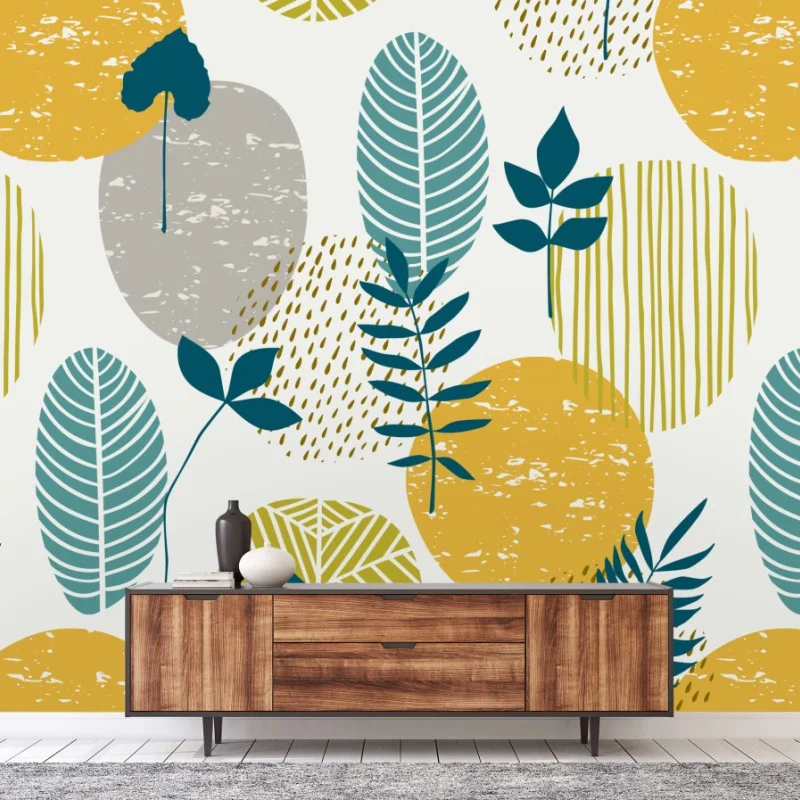 Wall mural teal and mustard botanical pattern