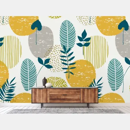 Wall mural teal and mustard botanical pattern • Wallissimo®