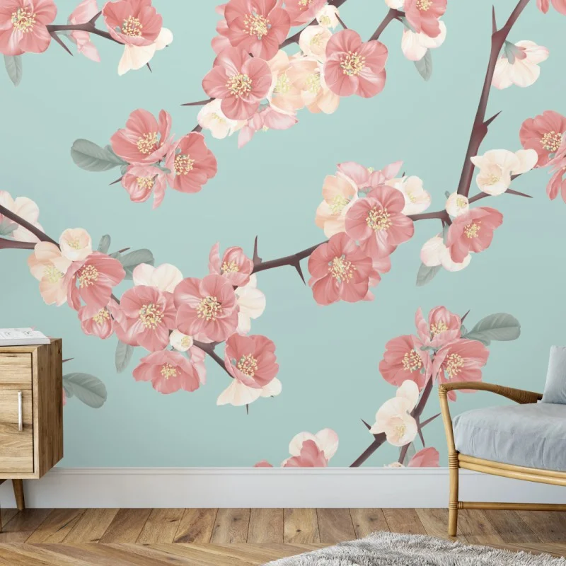 Wall mural pastel cherry blossom pattern on turquoise