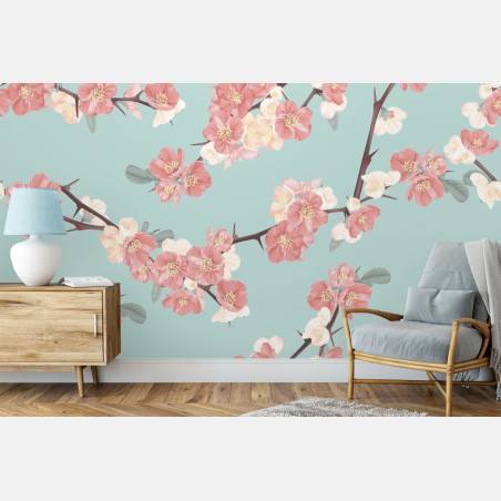Wall mural pastel cherry blossom pattern on turquoise • Wallissimo®