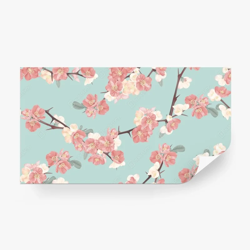 Wall mural pastel cherry blossom pattern on turquoise