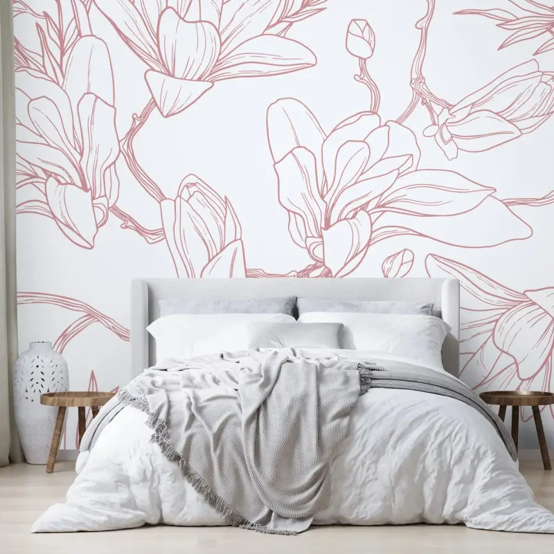 Wall mural delicate magnolia floral pattern in soft pink