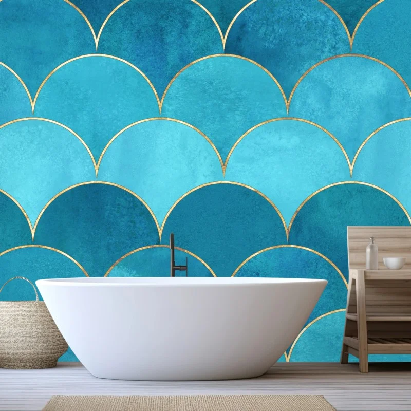Wall mural turquoise mermaid scale pattern with gold accents