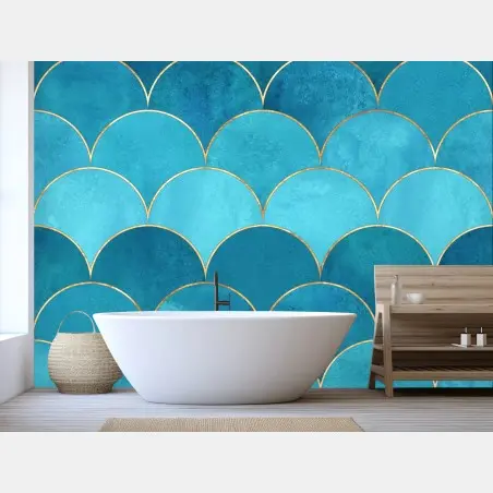 Wall mural turquoise mermaid scale pattern with gold accents • Wallissimo®