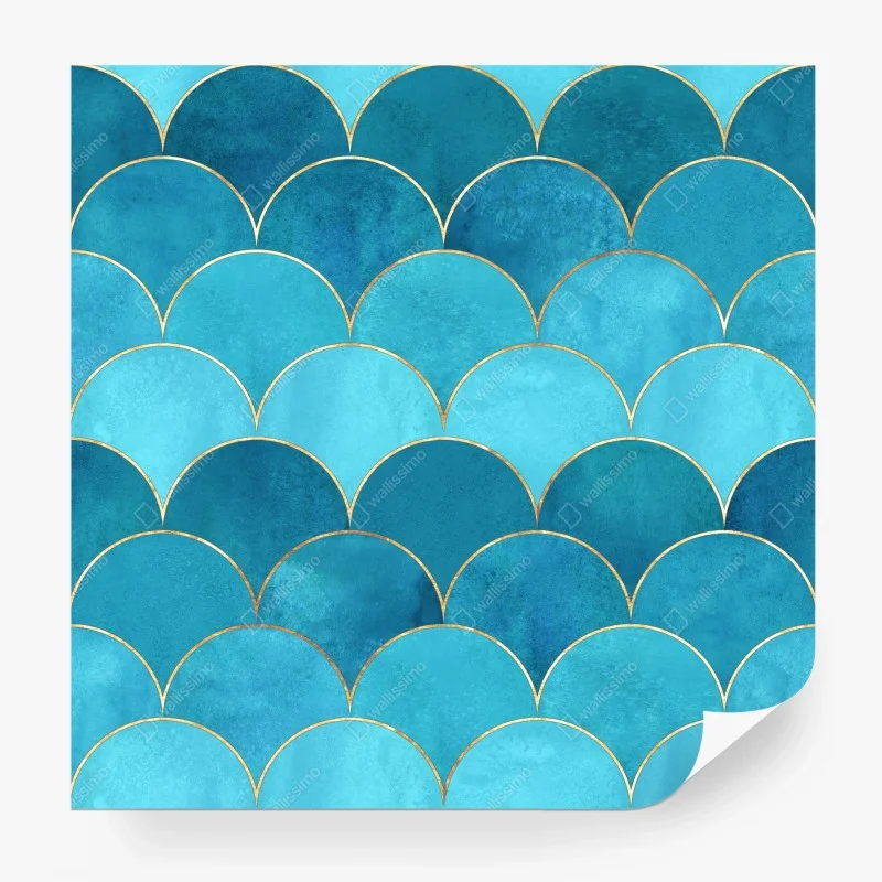Wall mural turquoise mermaid scale pattern with gold accents
