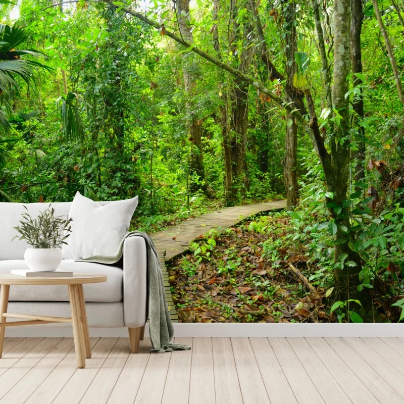 Wall mural tropical boardwalk through lush forest