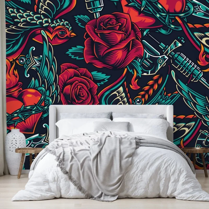 Wall mural bold tattoo rose pattern