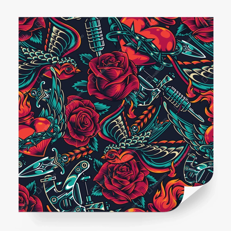 Wall mural bold tattoo rose pattern