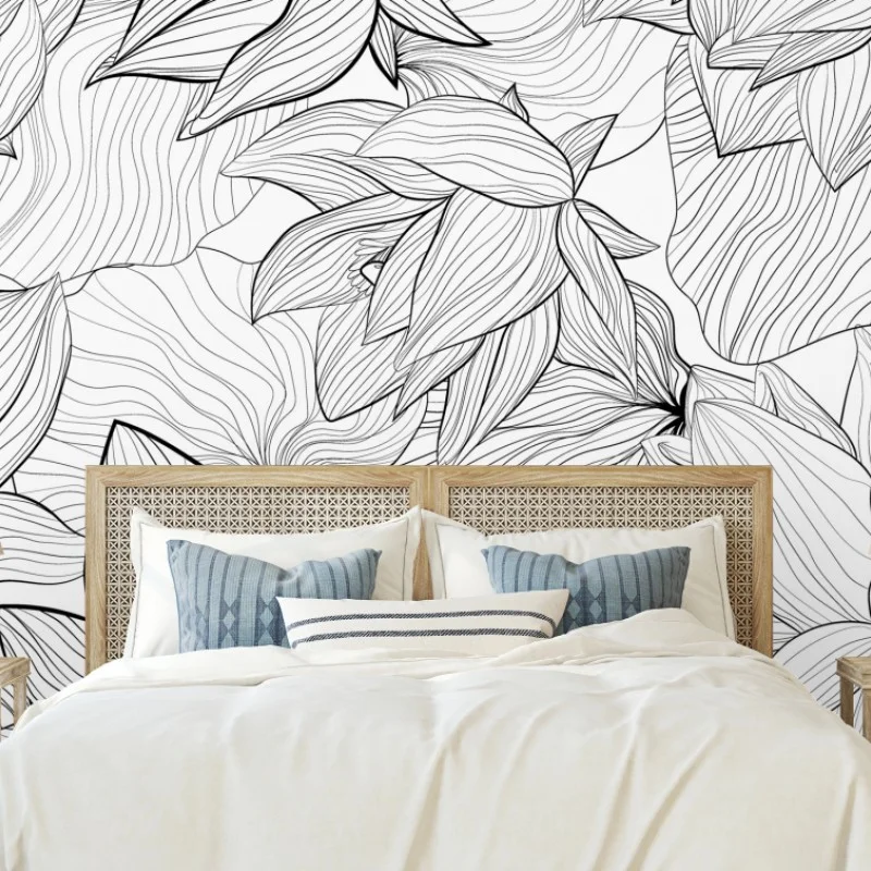 Wall mural delicate lotus line art floral pattern