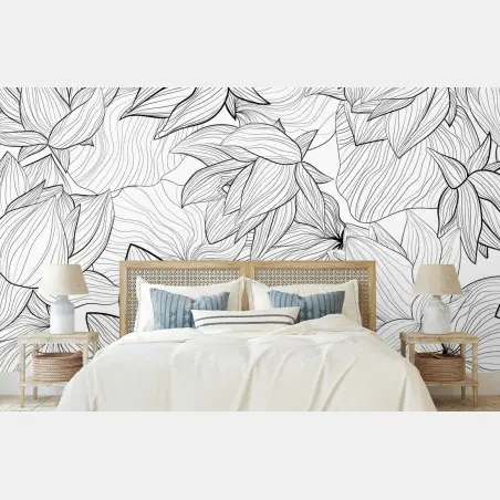 Wall mural delicate lotus line art floral pattern • Wallissimo®