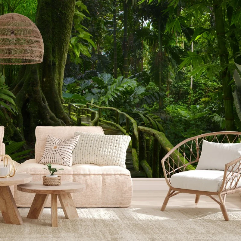 Wall mural tranquil jungle boardwalk through lush rainforest