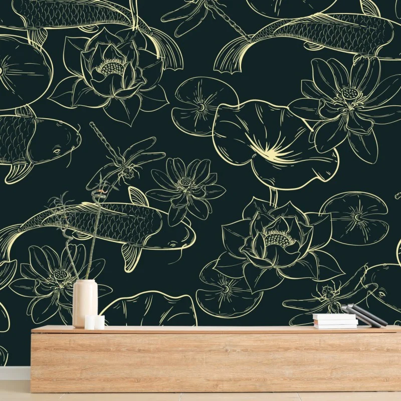Wall mural hand-drawn koi and lotus pattern
